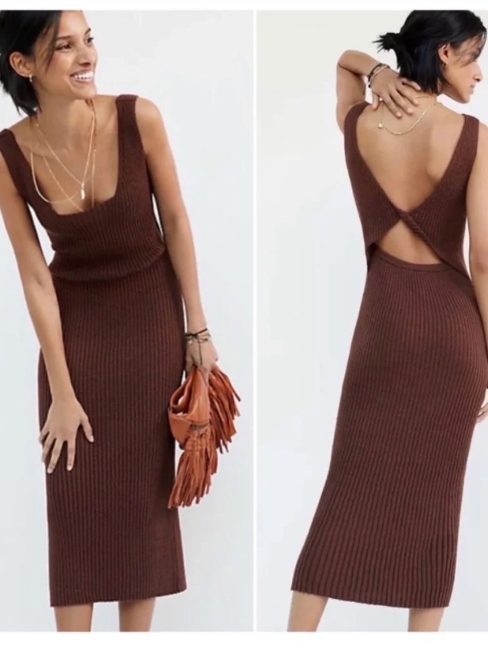 Anthropologie Amadi Ribbed Tank Midi Dress Open Twist Back Chocolate Brown XL